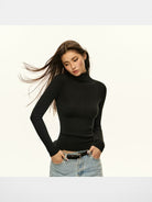 Ariseism Mock Neck Lambswool Blend Sweater in Black - On Model