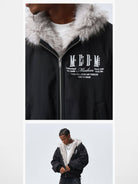 MEDM Faux Fur Trim Padded Jacket in Black - On Male Model