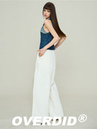 Amee Pleated Cotton Wide Leg Trousers in White - On Model