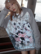 CFIERCE Abandoned Bunny Print Zip Up Hoodie in Gray - On Model