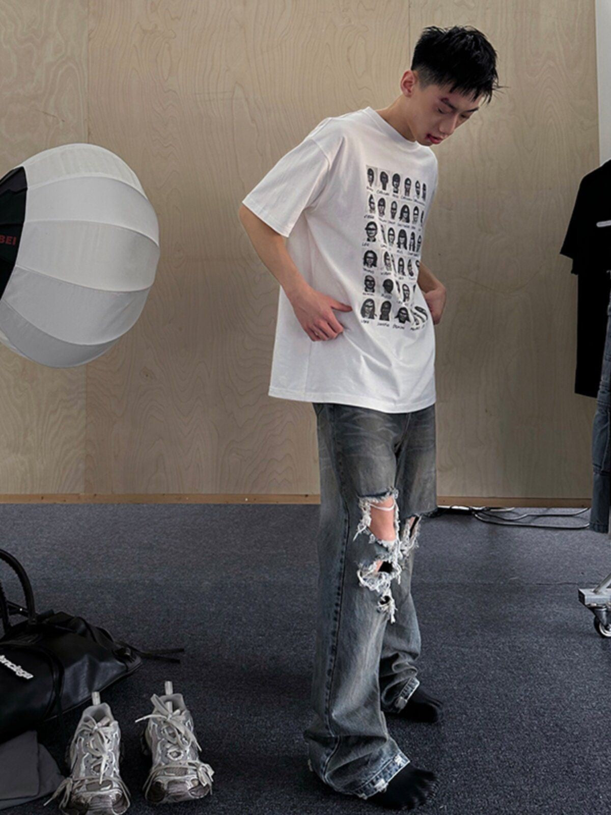 TRIANGLE PROJECT Distressed Dirty Wash Micro Flare Jeans in Denim - On Model