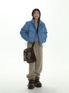 MasonPrince Cropped 90 Down Puffer in Blue - On Female Model