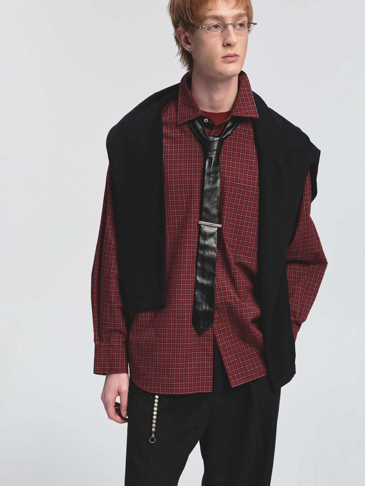 NANS Menswear Oversized Cotton Plaid Shirt in Burgundy - On Model