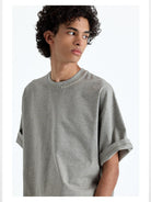 NANS Hand Stitched Fringe Oversized Tee in Gray - On Model
