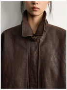RandomPiece Oversized Distressed Lambskin Jacket in Coffee - On Model