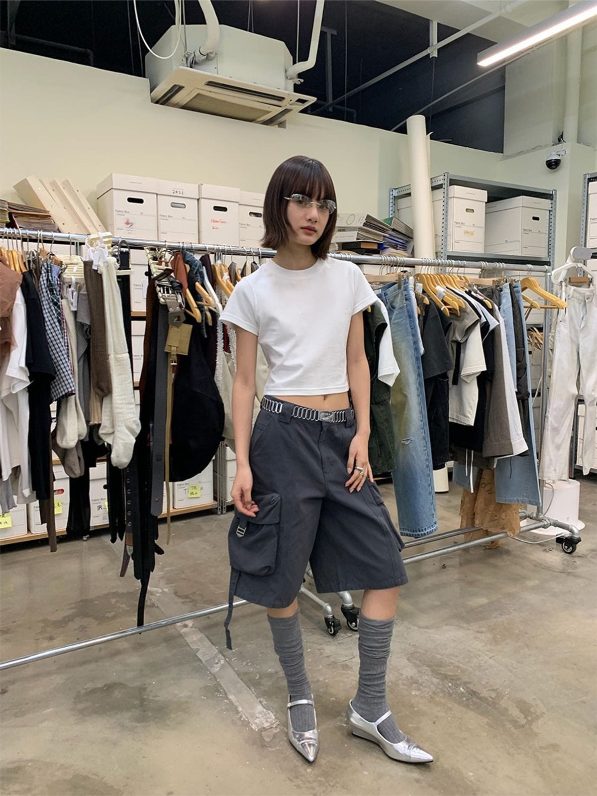 Neverseez Solid Cotton Crop Tee in White - On Model