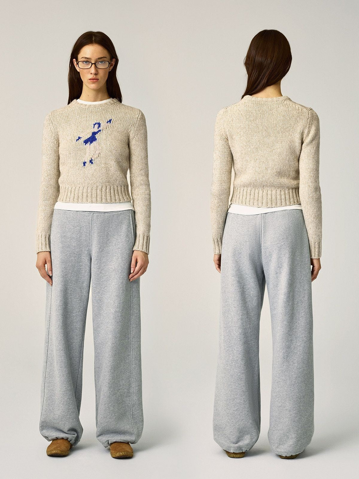 Alright then Dancing Figure Jacquard Sweater in Apricot - On Model