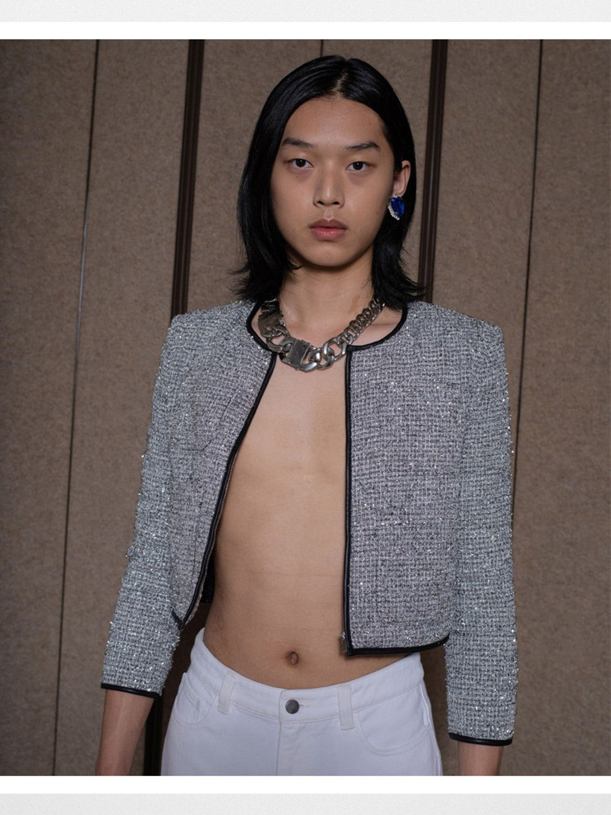 RARELY ALIKE Silver Sequin Tweed Cropped Jacket in Silver - On Model