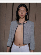 RARELY ALIKE Silver Sequin Tweed Cropped Jacket in Silver - On Model