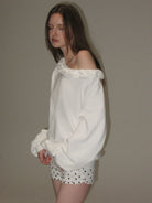 PUKI Twisted Trim Off Shoulder Sweatshirt in White - On Model