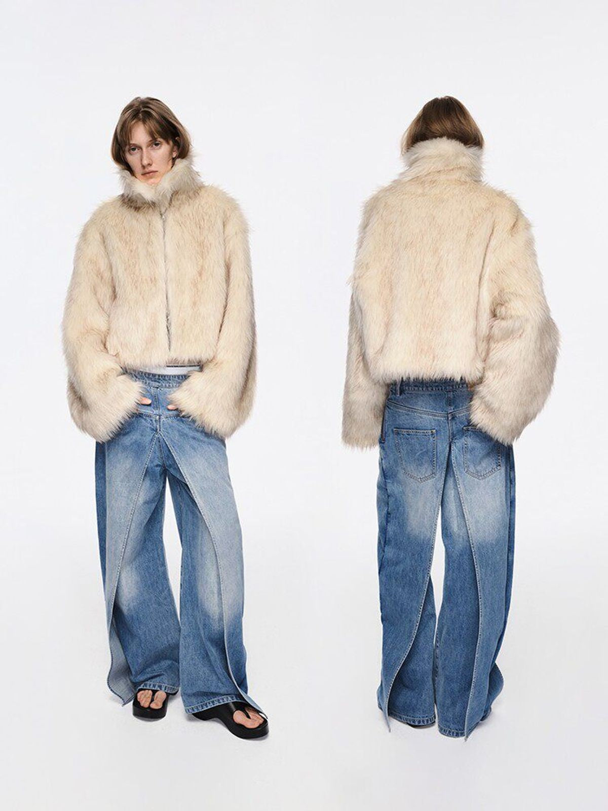 RARELY ALIKE Cropped Faux Fur Zip Jacket in White - On Model