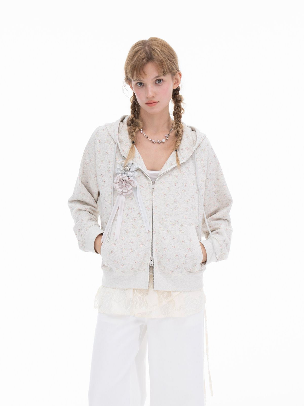 THELIGHT OFFICIAL Floral Zip Up Hoodie in Gray - On Model