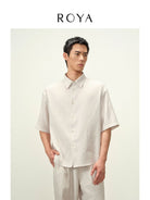 ROYA Boxy Linen Blend Short Sleeve Shirt in White - On Model