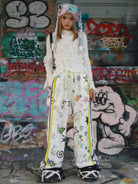 CFIERCE Graffiti Print Wide Leg Sweatpants in White - On Model