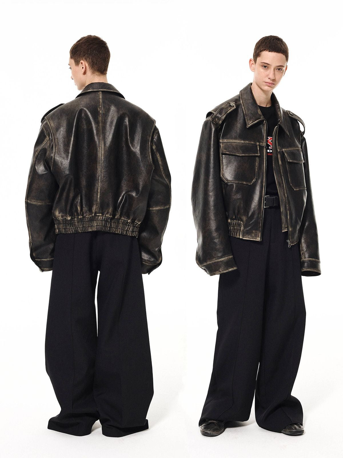 UNKNOWNWORLD Distressed Padded Eco Leather Jacket in Black - On Model