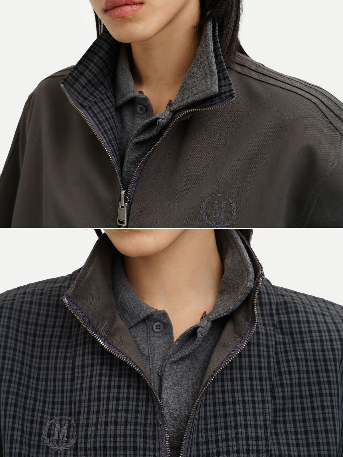 MasonPrince Reversible Plaid Cotton Coach Jacket in Gray - On Model