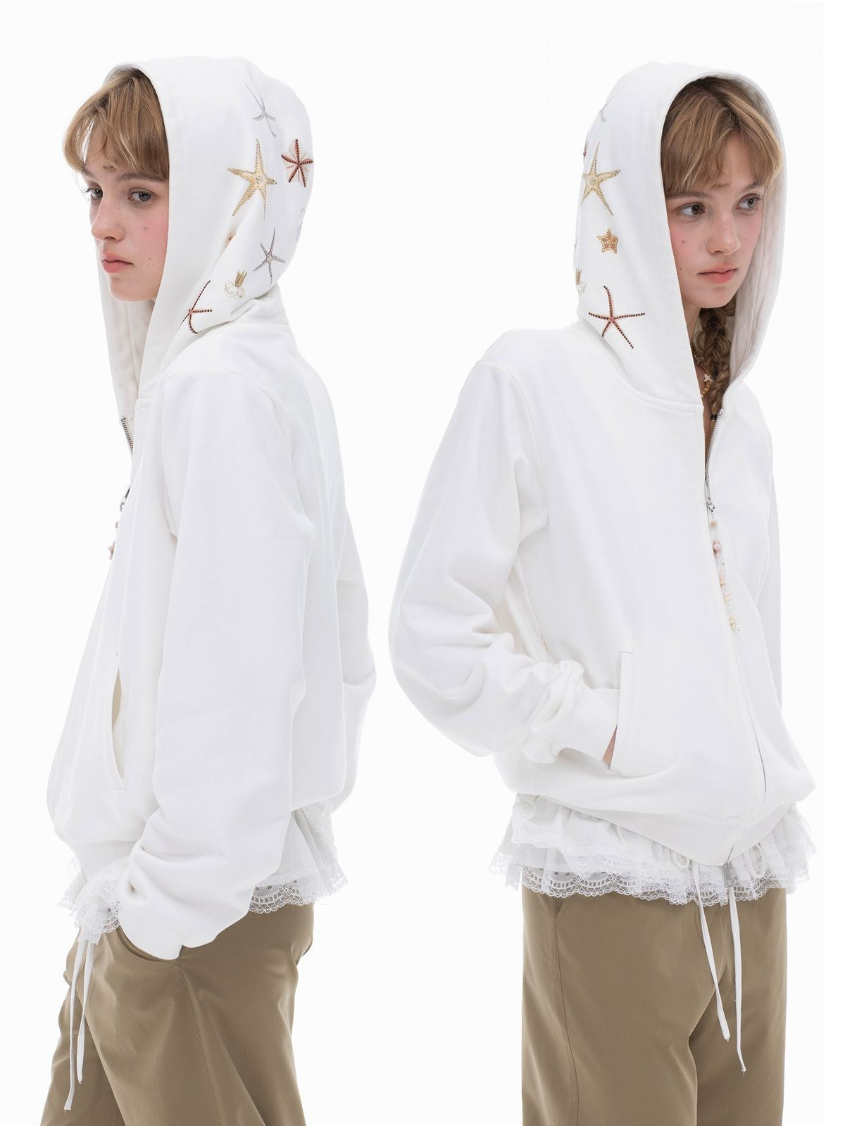 THELIGHT OFFICIAL Starfish Rhinestone Zip Up Hoodie in White - On Model