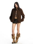 BIGGOLD STUDIO Suede Stand Collar Harrington Jacket in Brown - On Model #color_brown