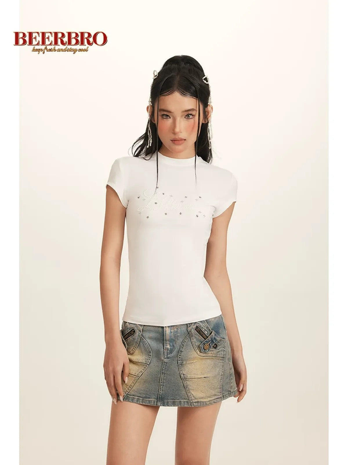 BeerBro Pearl Rhinestone Graphic Baby Tee in White - On Model