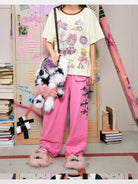 CFIERCE Cross Print Wide Leg Sweatpants in Pink - On Model