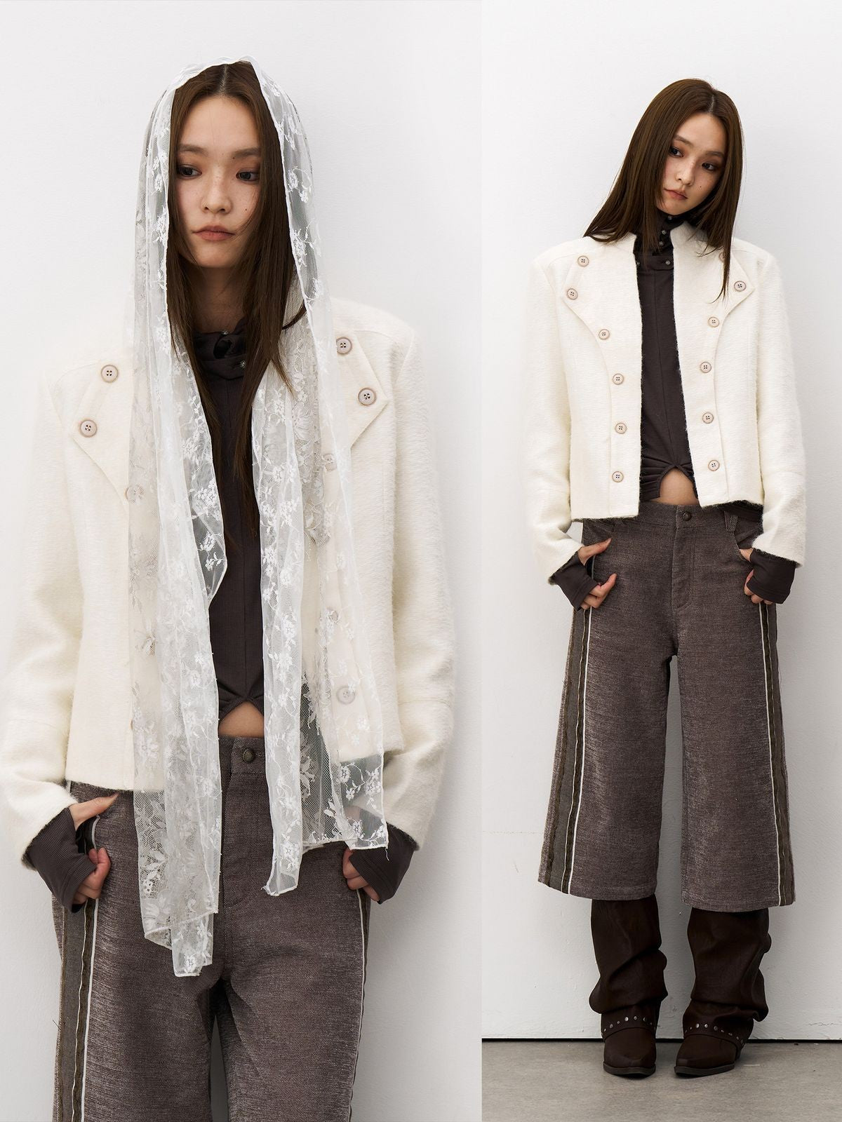 THELIGHT OFFICIAL Double Breasted Wool Blend Jacket in White - On Model