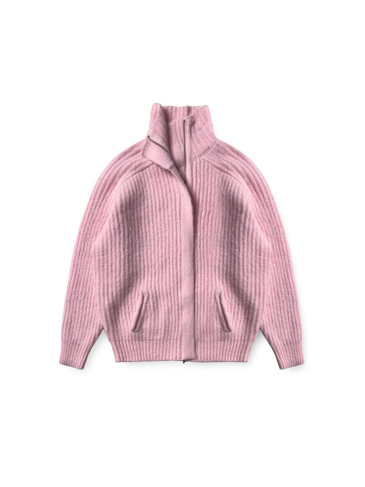 MasonPrince Ribbed Alpaca Blend Zip Cardigan in Pink