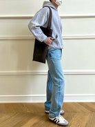 VLABMADE Ice Blue Raw Hem Straight Jeans in Blue - On Model