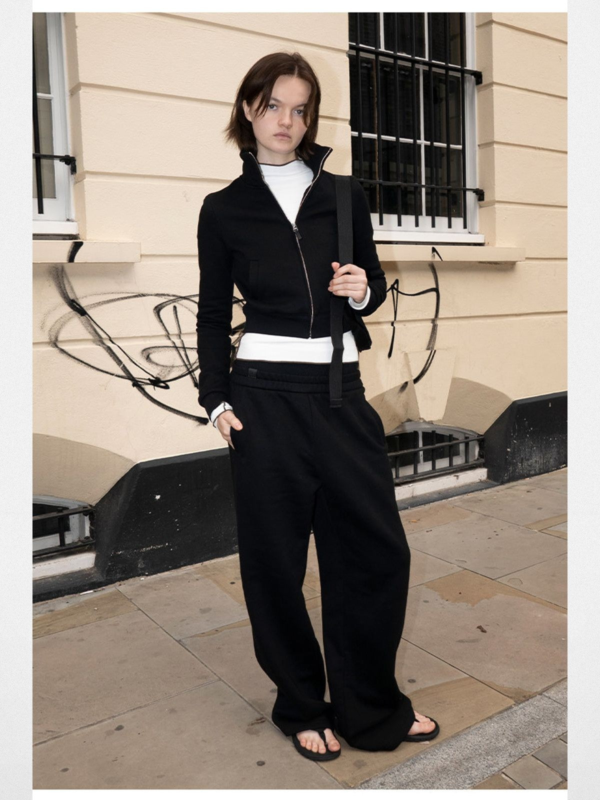 RARELY ALIKE Cropped Stand Collar Zip Jacket in Black - On Model