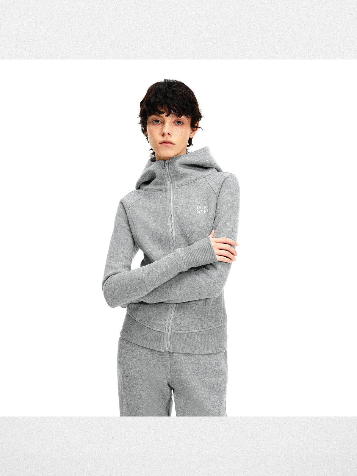 PUKI Panelled Zip Up Hoodie in Gray - On Model
