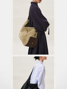 Songmont Suede Leather Large Hobo Bag in Beige - On Model