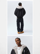 MEDM Faux Fur Trim Padded Jacket in Black - On Male Model