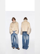 RARELY ALIKE Cropped Faux Fur Zip Jacket in White - On Model