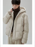 NANS Wide Quilt Hooded Down Puffer in Beige - On Model