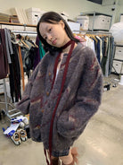 NeverSeez Plush Wool Blend Lantern Cardigan in Gray - On Female Model