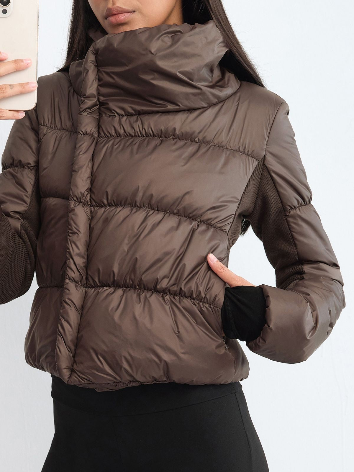 RARELY ALIKE Asymmetric Quilted Puffer Jacket in Brown - On Model