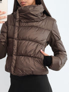 RARELY ALIKE Asymmetric Quilted Puffer Jacket in Brown - On Model