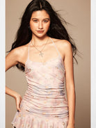 BeerBro Beaded Shell Print Mesh Dress in Pink - On Model