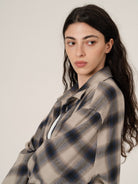 Retro 21 Japanese Flannel Raw Hem Plaid Shirt in Khaki - On Female Model
