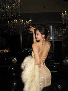 1S STUDIO Shimmer Lace Up Open Back Dress in Gold - On Model