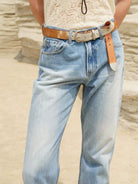 Retro 21 Washed Ice Blue Flared Jeans in Blue - On Female Model