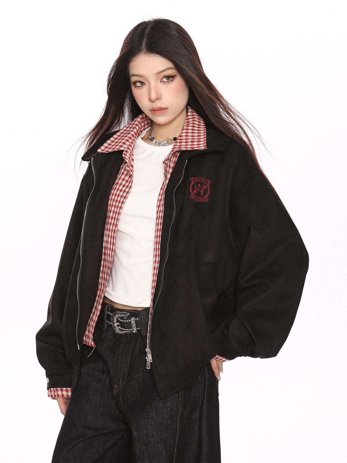 BIGGOLD STUDIO Faux Layered Plaid Collar Jacket in Black - On Model #color_black