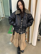 NeverSeez Fur Collar Faux Leather Down Jacket in Black - On Model