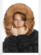 PUKI Faux Fur Hood Down Bomber in Black - On Model