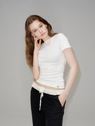 PUKI Cropped Boat Neck T Shirt in White - On Model
