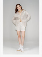 PUKI Lace Hem Track Shorts in Gray - On Model