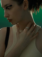 BLACKHEAD Stackable Chain Logo Bar Ring Set in Silver - On Female Model