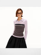 PUKI Colorblock Wool Blend Polo Sweater in Lavender - On Model
