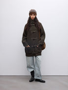 Randompiece Lambswool Stand Collar Toggle Cardigan in Green - On Model