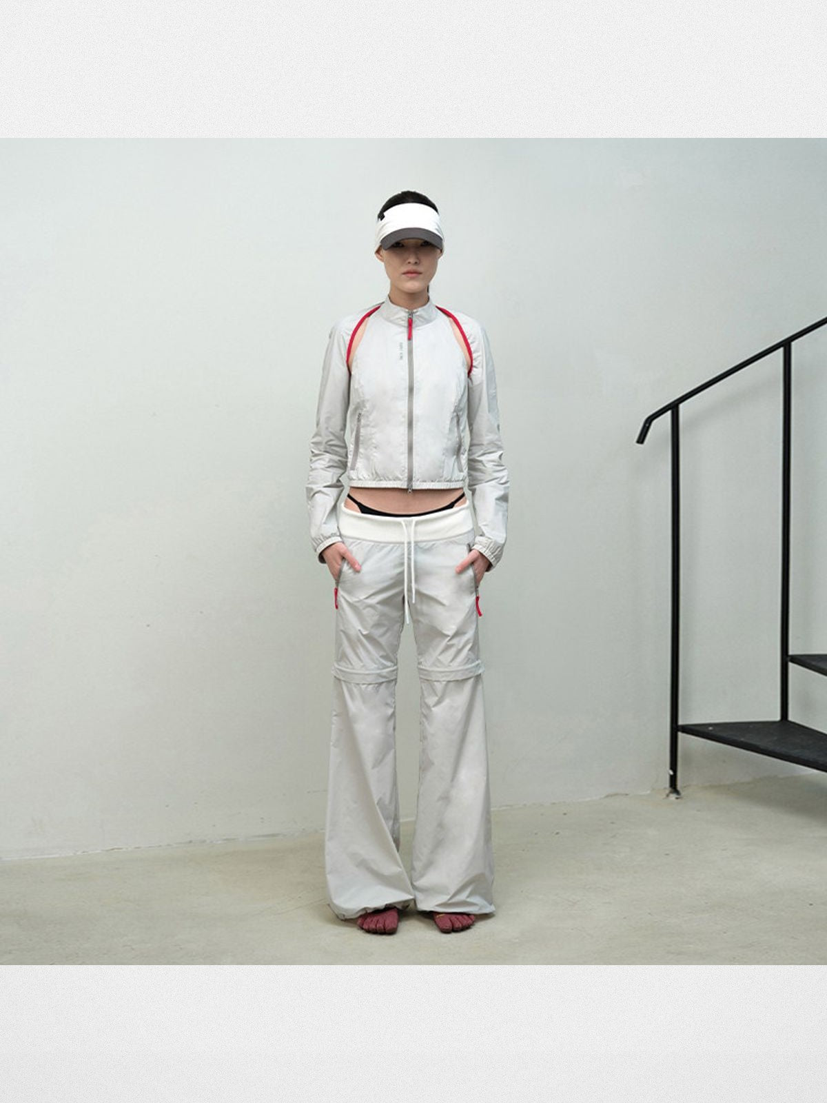 RARELY ALIKE Detachable Sleeve Nylon Jacket in Gray - On Model