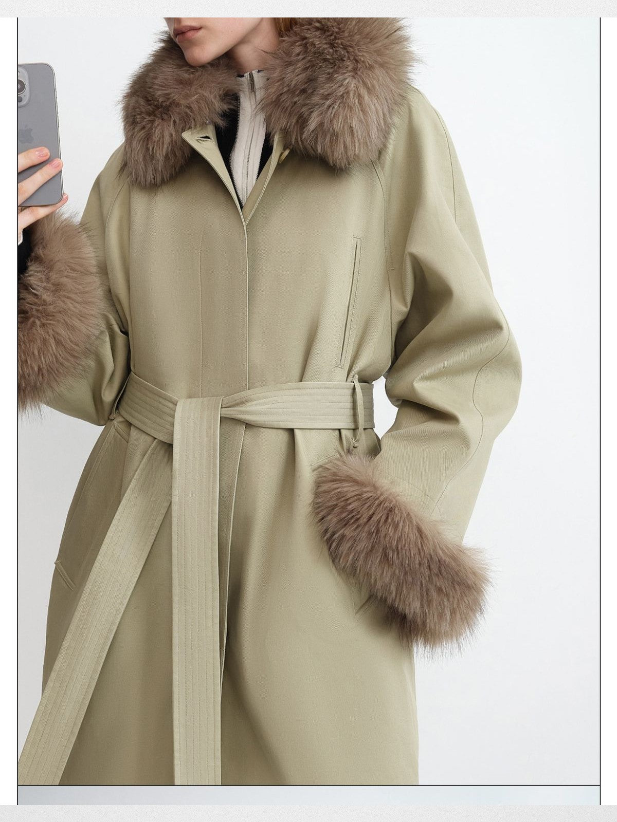 RARELY ALIKE Faux Fur Collar Belted Padded Trench in Khaki - On Model
